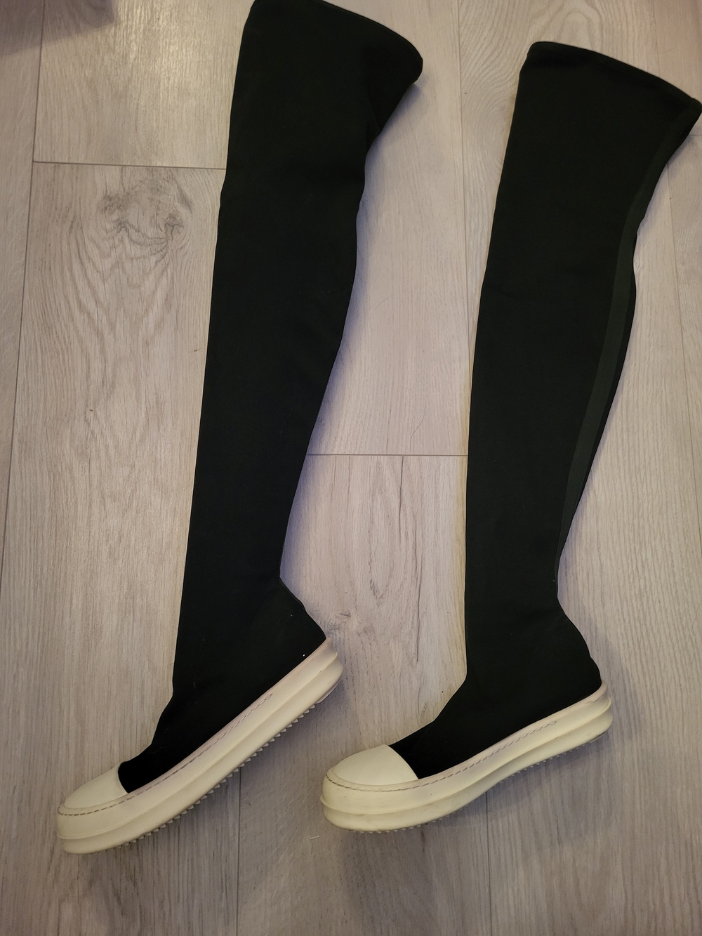 Rick Owens Over-the-Knee Black Stretch Sock Boots with White Platform Sole